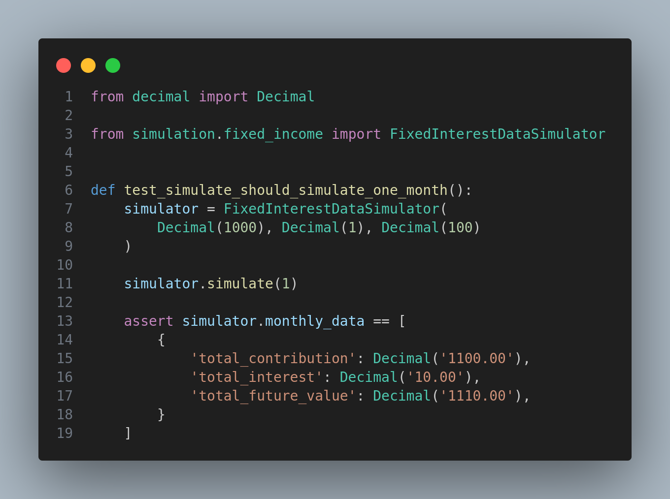 Implementação do teste no método simulate