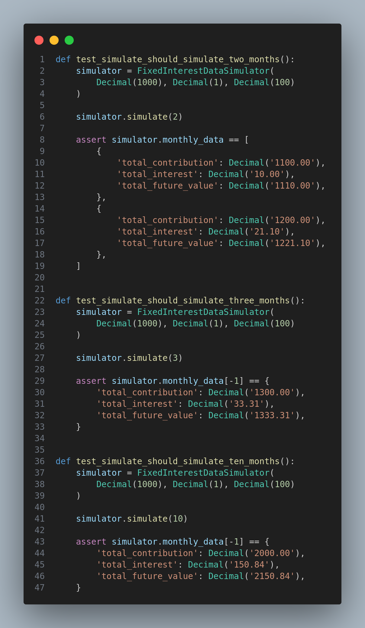 Implementação dos testes para o cálculo dos demais meses do método simulate