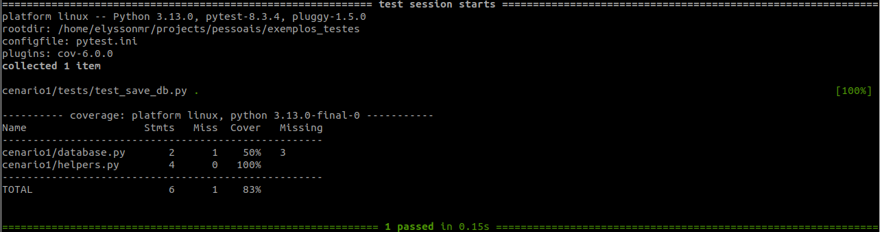 Output do terminal após a execução dos testes